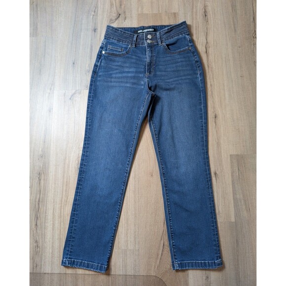 Karl Lagerfeld Blue Jeans Size 6 Straight Leg Whiskered Stretch Designer Women's - Picture 1 of 10